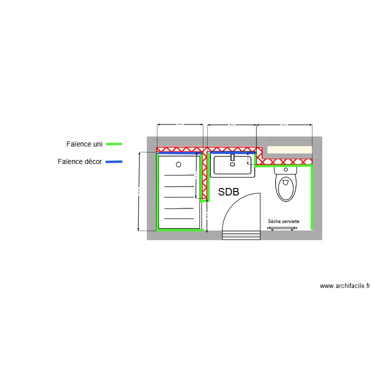 SORBIER SDB faience. Plan de 2 pièces et 4 m2