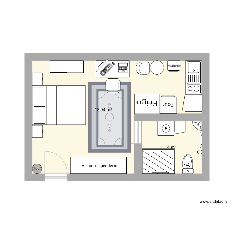 Studio 25m2. Plan de 2 pièces et 23 m2